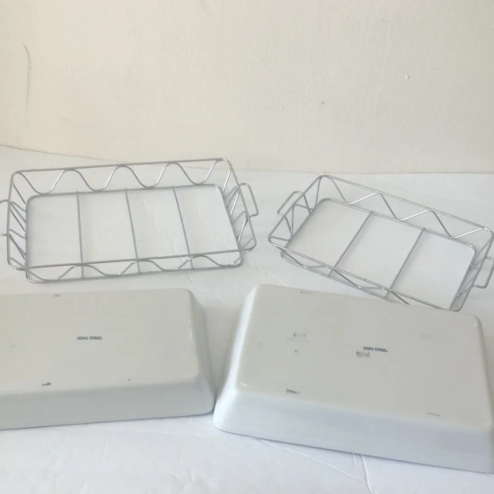 2 porcelain rectangular trays for microwave cookware in metal serving frame